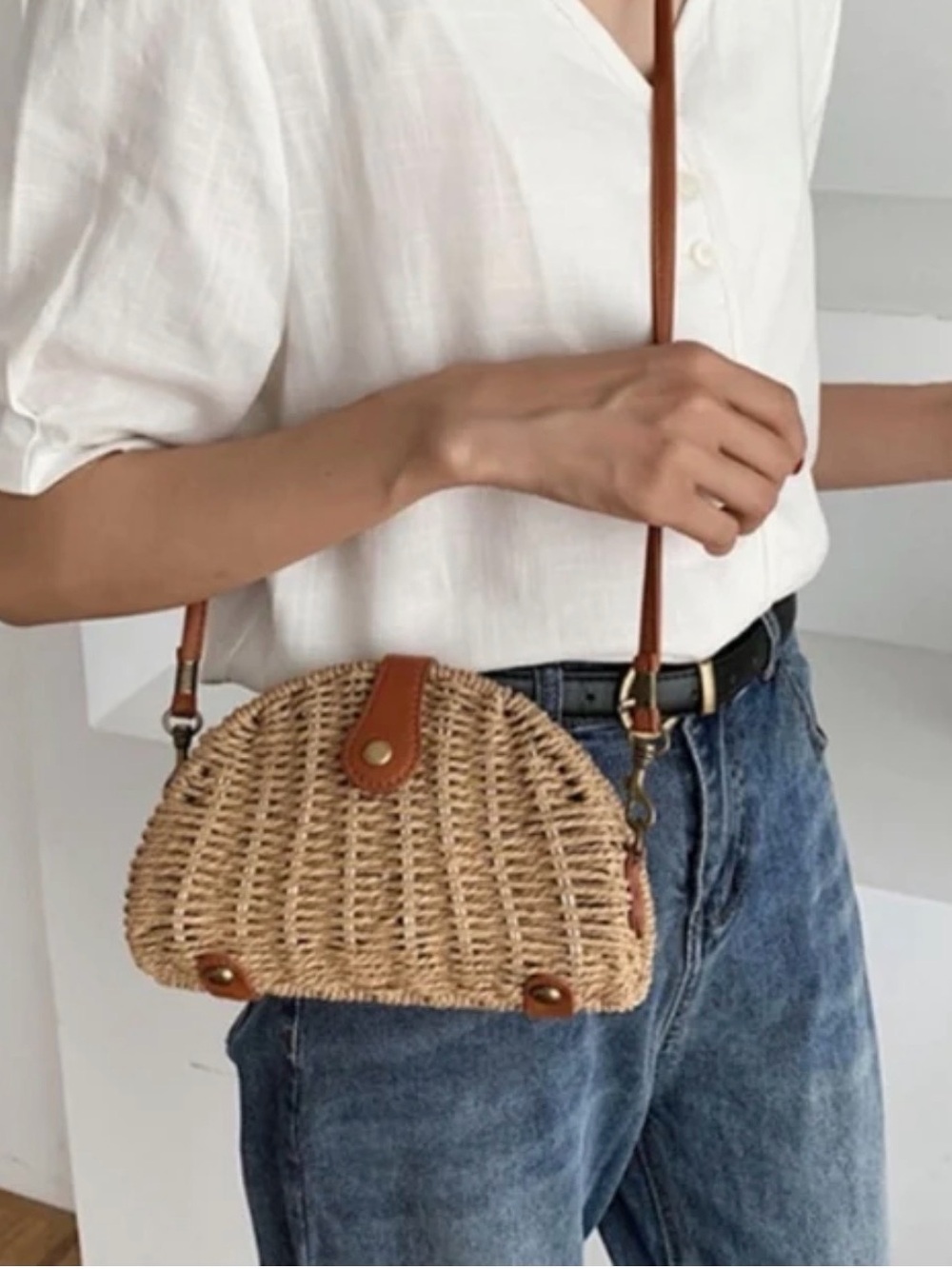 Woven Straw Crossbody or Shoulder Bag with Brown Faux Leather Trim
